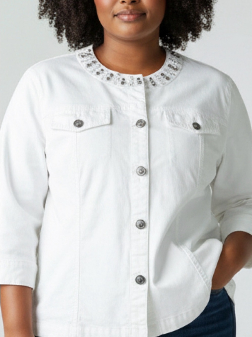 Embellished Collar White Jean Jacket